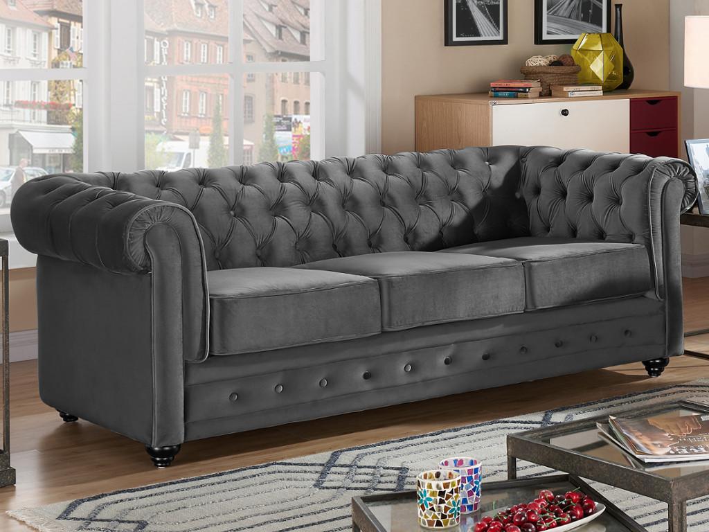 Sofá 3 plazas y 2 sillones de terciopelo CHESTERFIELD - Gris antracita