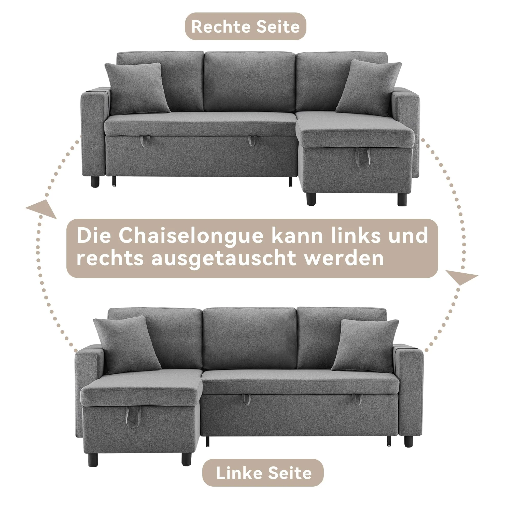 Sofá cama 3 plazas chaise longue con almacenamiento