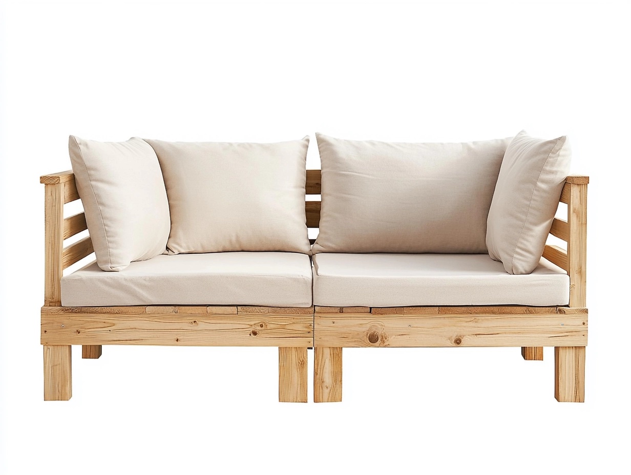 Sofá de dos plazas 120x70x75 cm para exterior e interior funcional estilo escandinavo madera de pino natural y cojines beige hy0438734