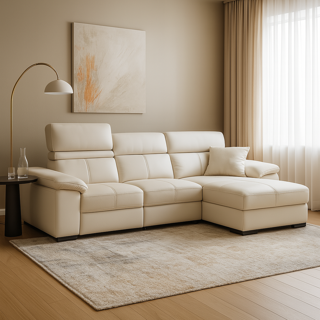 Sofá chaise longue derecho en polipiel blanca 2,8x1,9 m con cabeceros reclinables