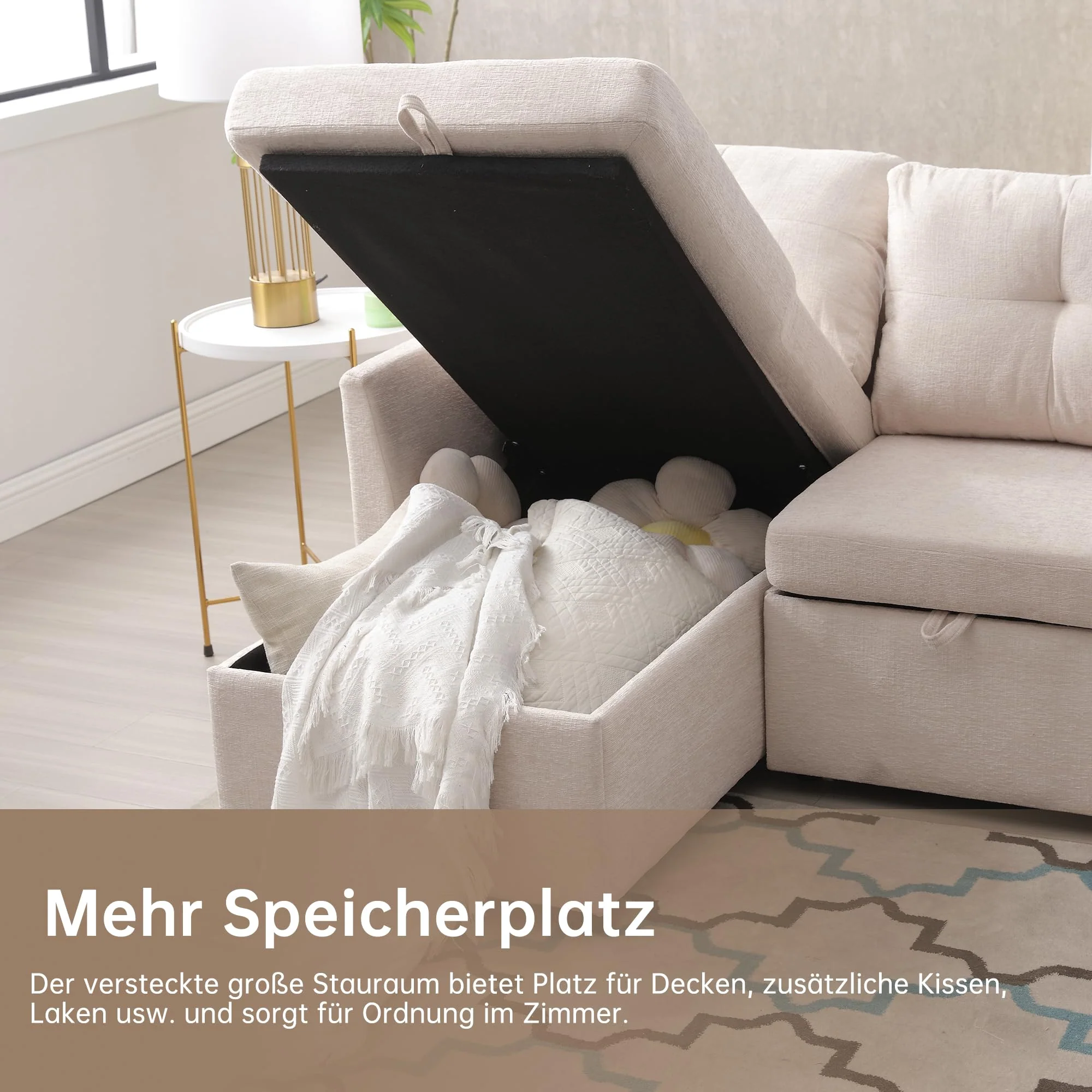 Sofá cama multifuncional en L beige con chaise longue