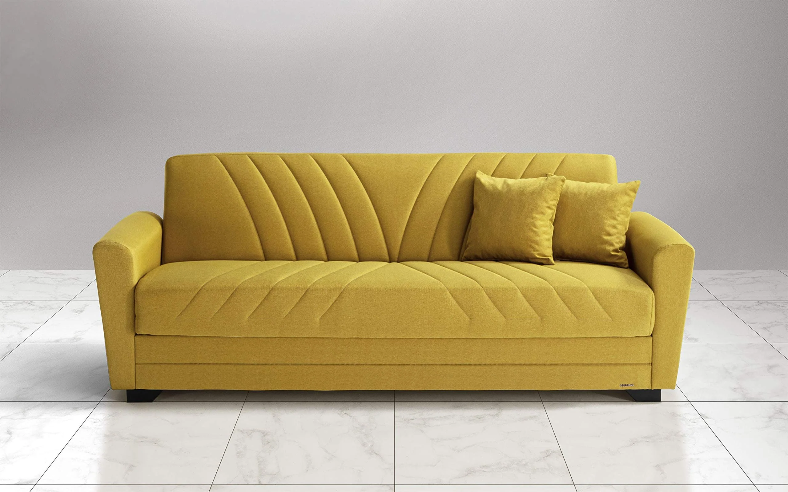 Sofá cama 3 plazas amarillo mostaza con compartimento
