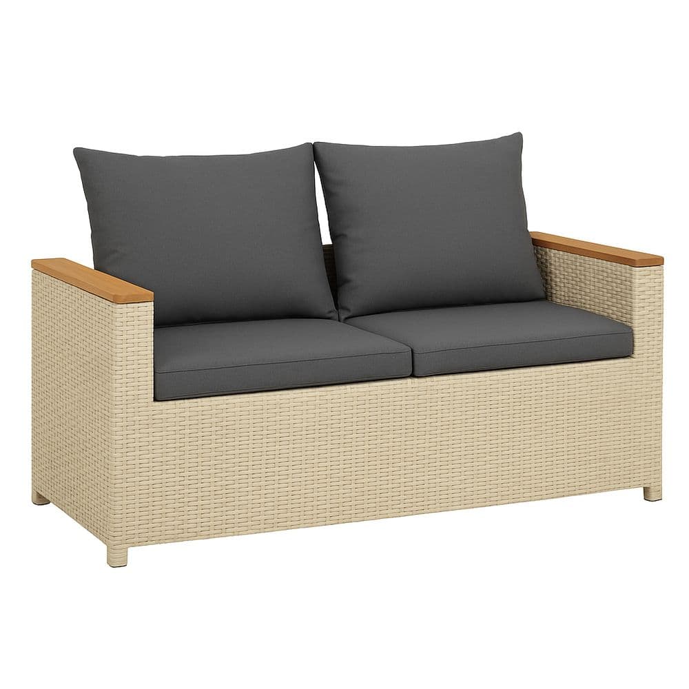 Sofá de Dos Plazas de Ratán Sintético Beige con Cojines Grises y Reposabrazos de Madera