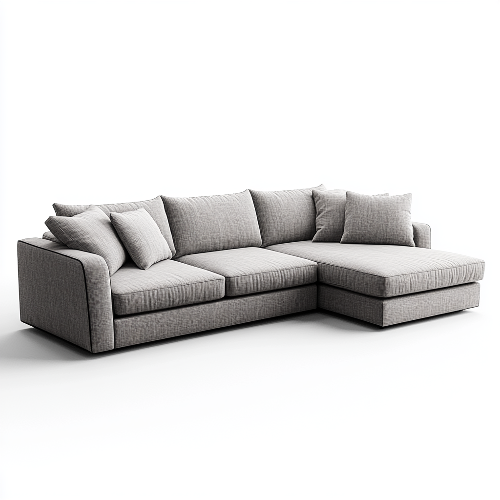 Sofá chaise longue derecho en tela gris 2,8x1,8 m con cojines decorativos