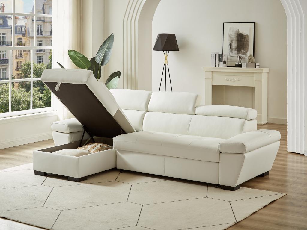 Sofá cama ángulo izquierdo bimateria piel - blanco