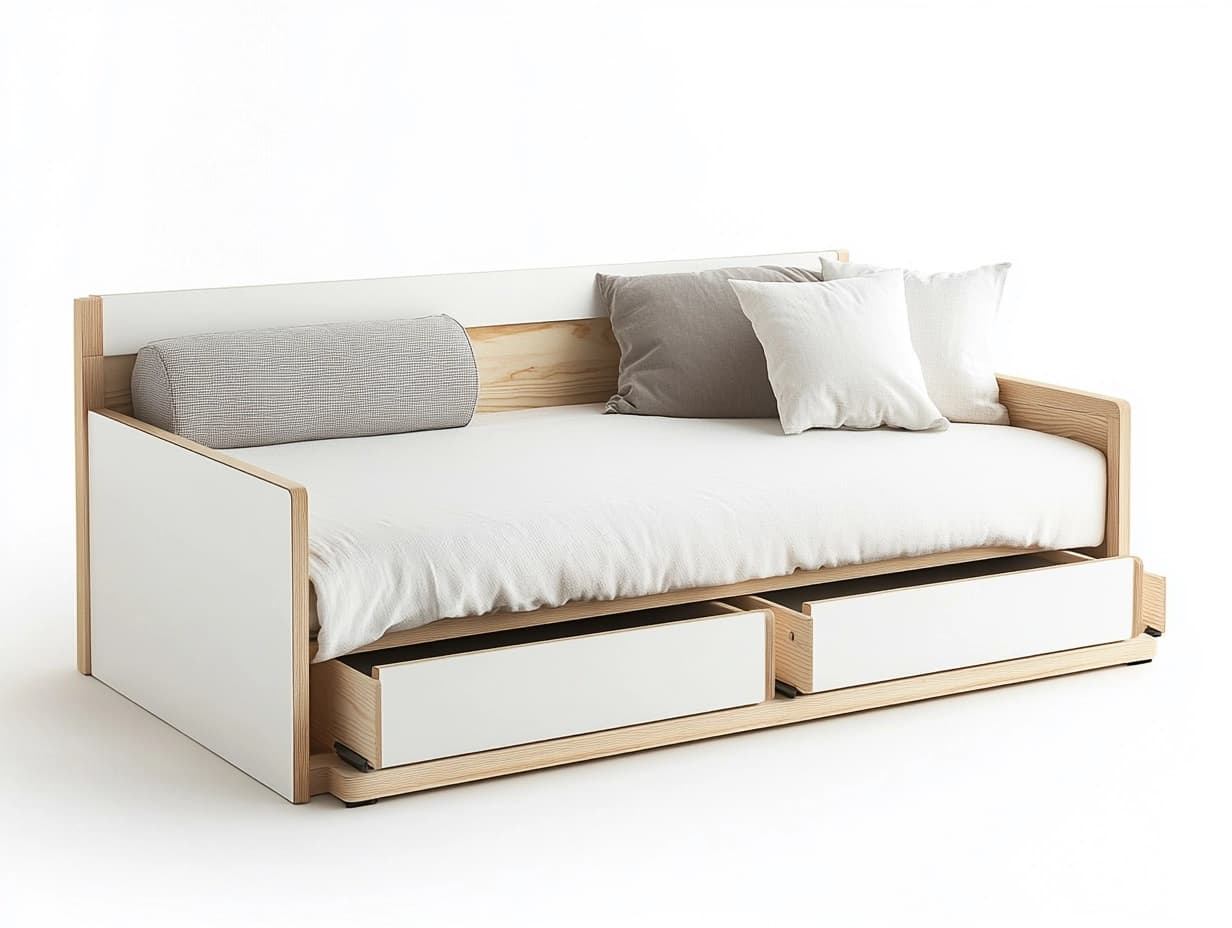 Sofá cama de madera y tela con cajones Blanco/Beige