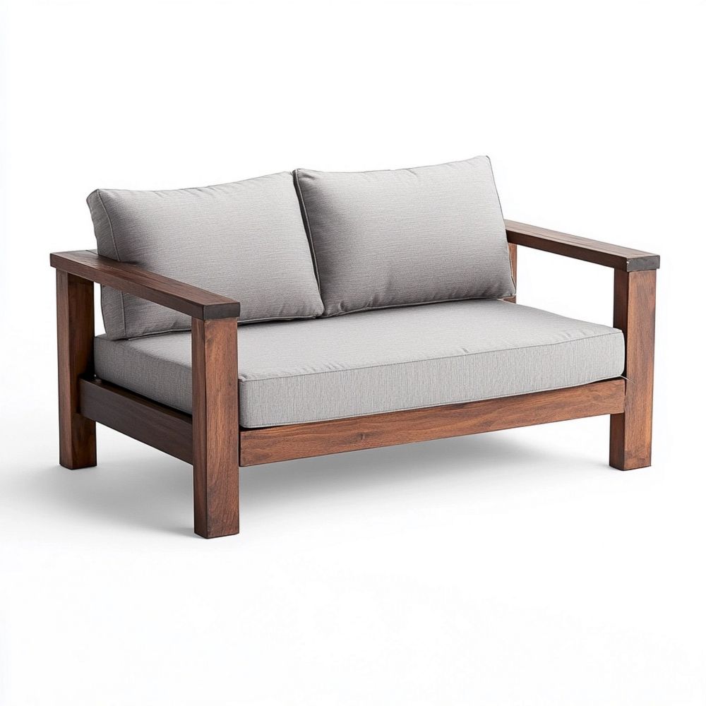 Sofá de dos plazas de roble y poliéster gris/marrón con estructura robusta 140x80x75 cm