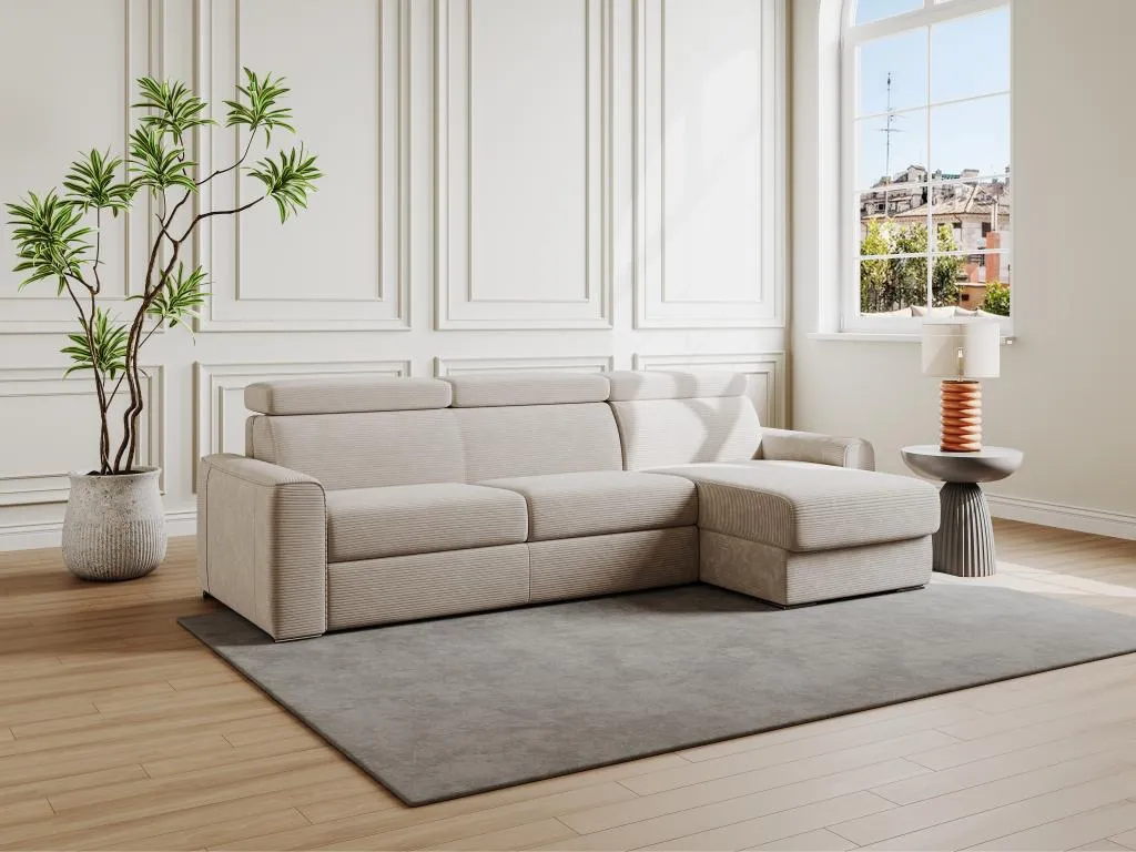 Sofá cama esquinero reversible tipo italiano de pana beige - Cama de 160 cm - Colchón de 18 cm - Decounico