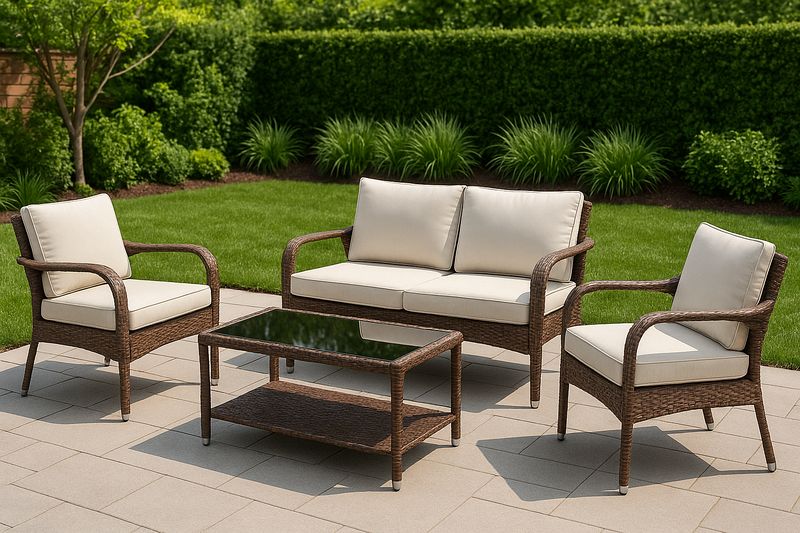Conjunto de Muebles de Exterior 4 Piezas Ratán Sintético/Madera Vidrio Marrón/Beige Sillas Sofá 2 Plazas Mesa