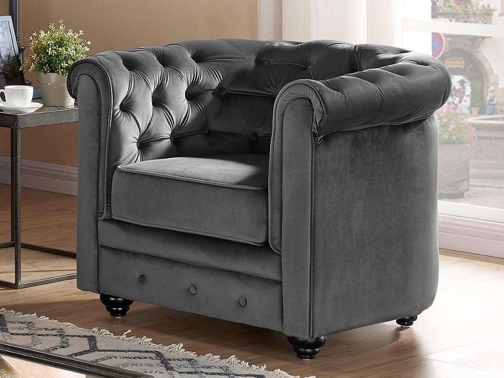 Sofá 3 plazas y 2 sillones de terciopelo CHESTERFIELD - Gris antracita