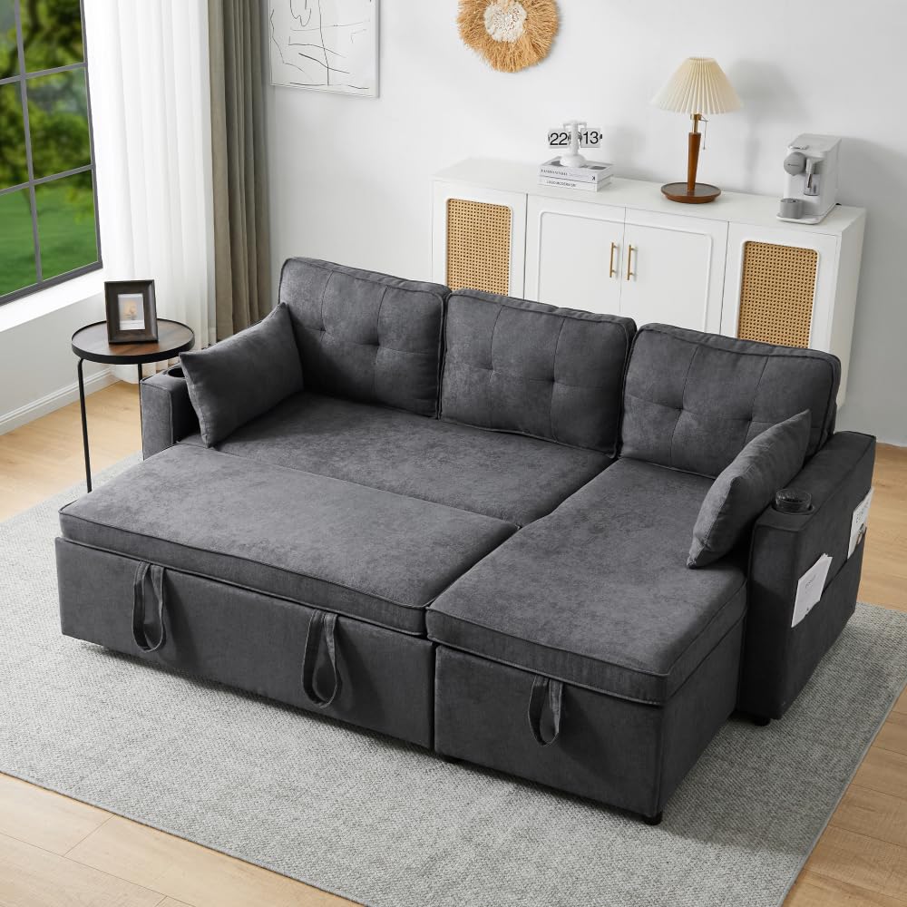 Sofá cama en L con almacenamiento y portavasos