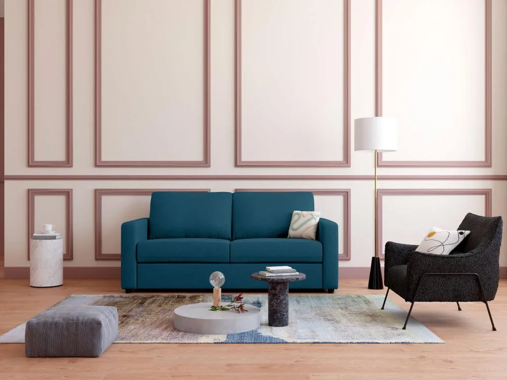 Sofá cama de 3 plazas con apertura italiana en tela azul - Cama de 140 cm - Colchón de 14 cm Francomuebleses