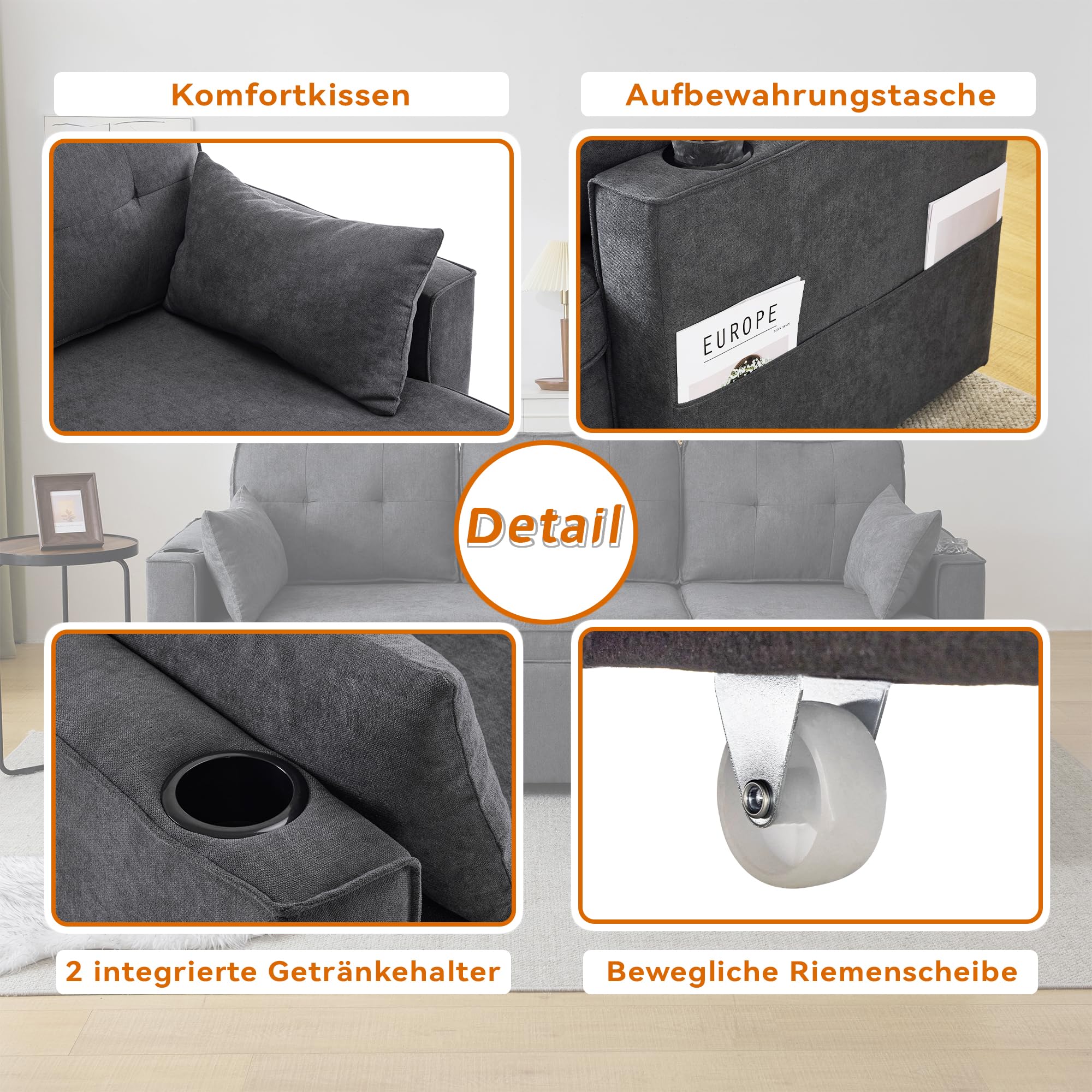 Sofá cama en L gris con almacenamiento y portavasos