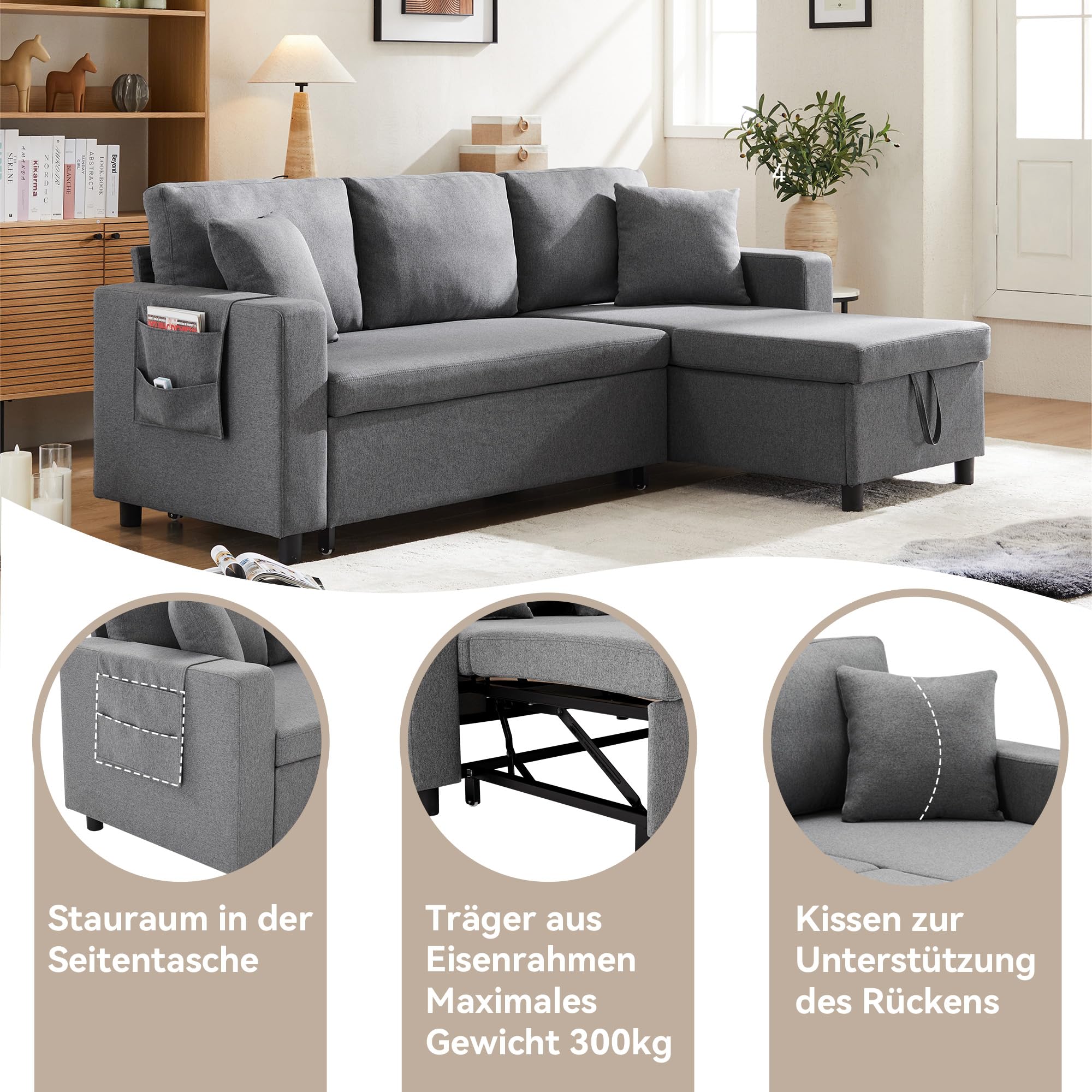 Sofá en L gris oscuro con cama y almacenamiento