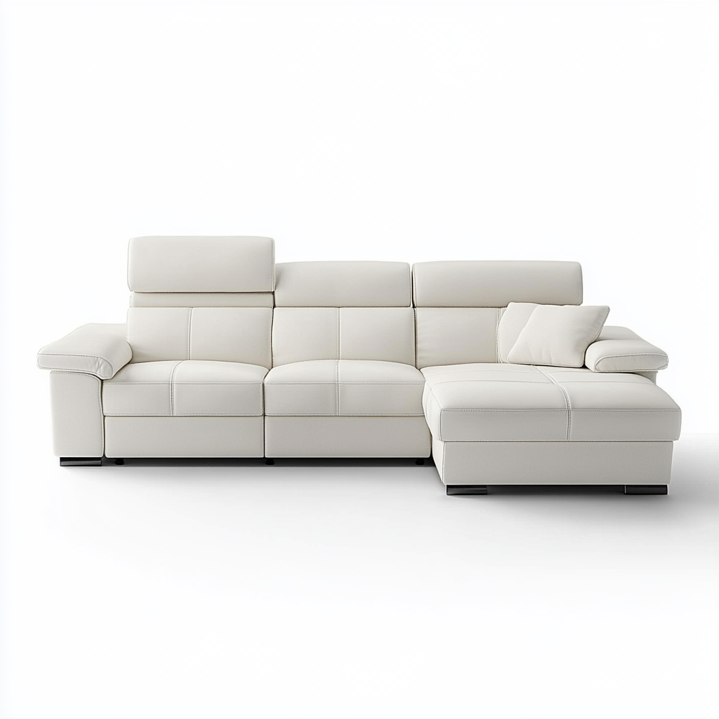 Sofá chaise longue derecho en polipiel blanca 2,8x1,9 m con cabeceros reclinables