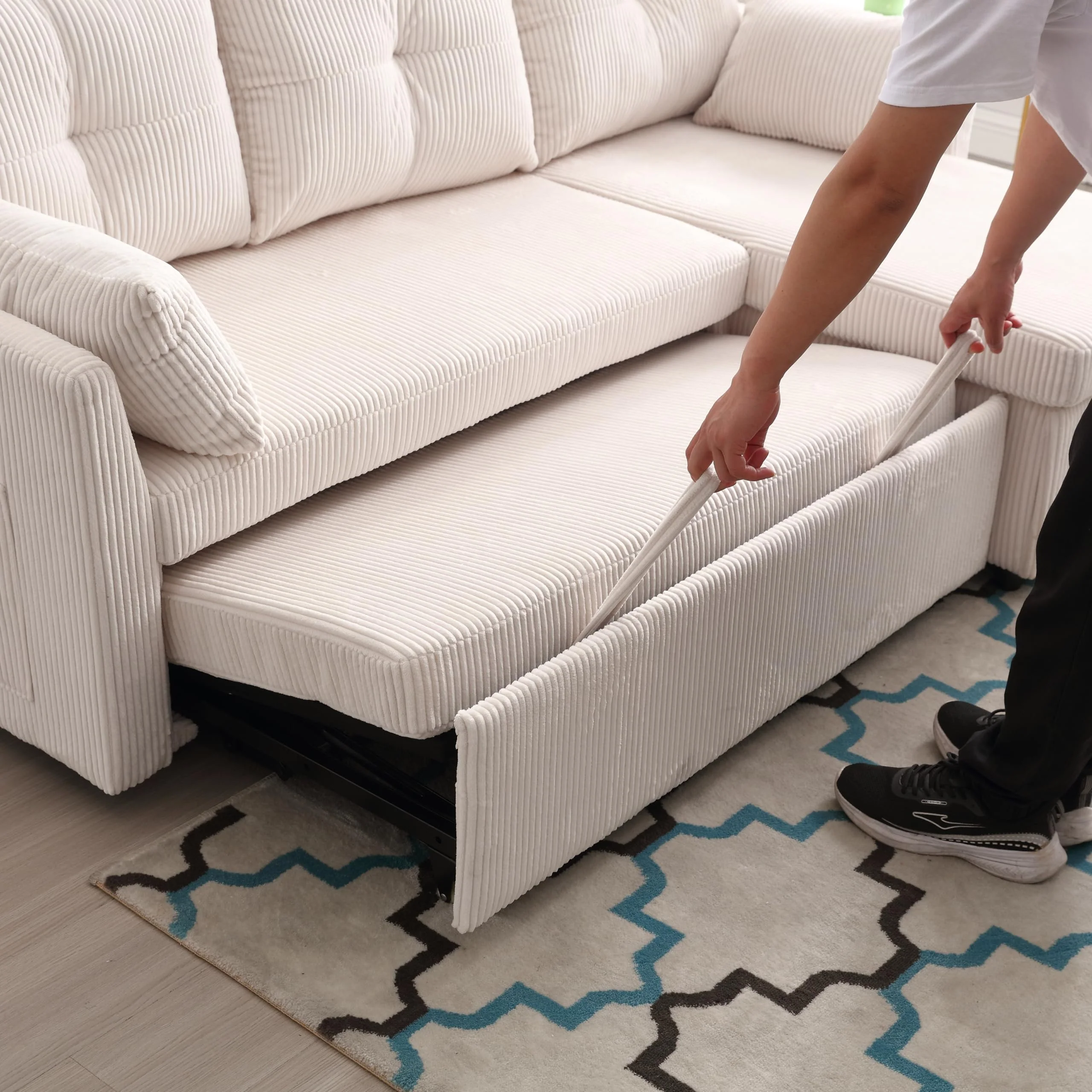 Sofá cama multifuncional en L beige con chaise longue