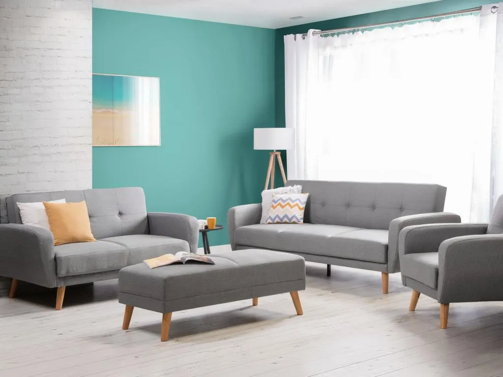 Conjunto de sala de estar 8 plazas con reposapiés en gris claro Nidovia. rbm183557
