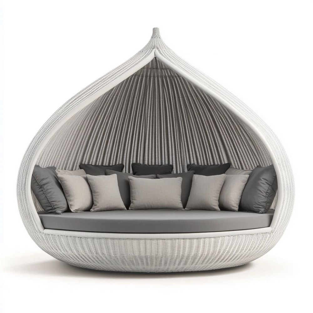 Sofá Cama de Jardín Redondeado para Exterior con Dosel Blanco/Gris