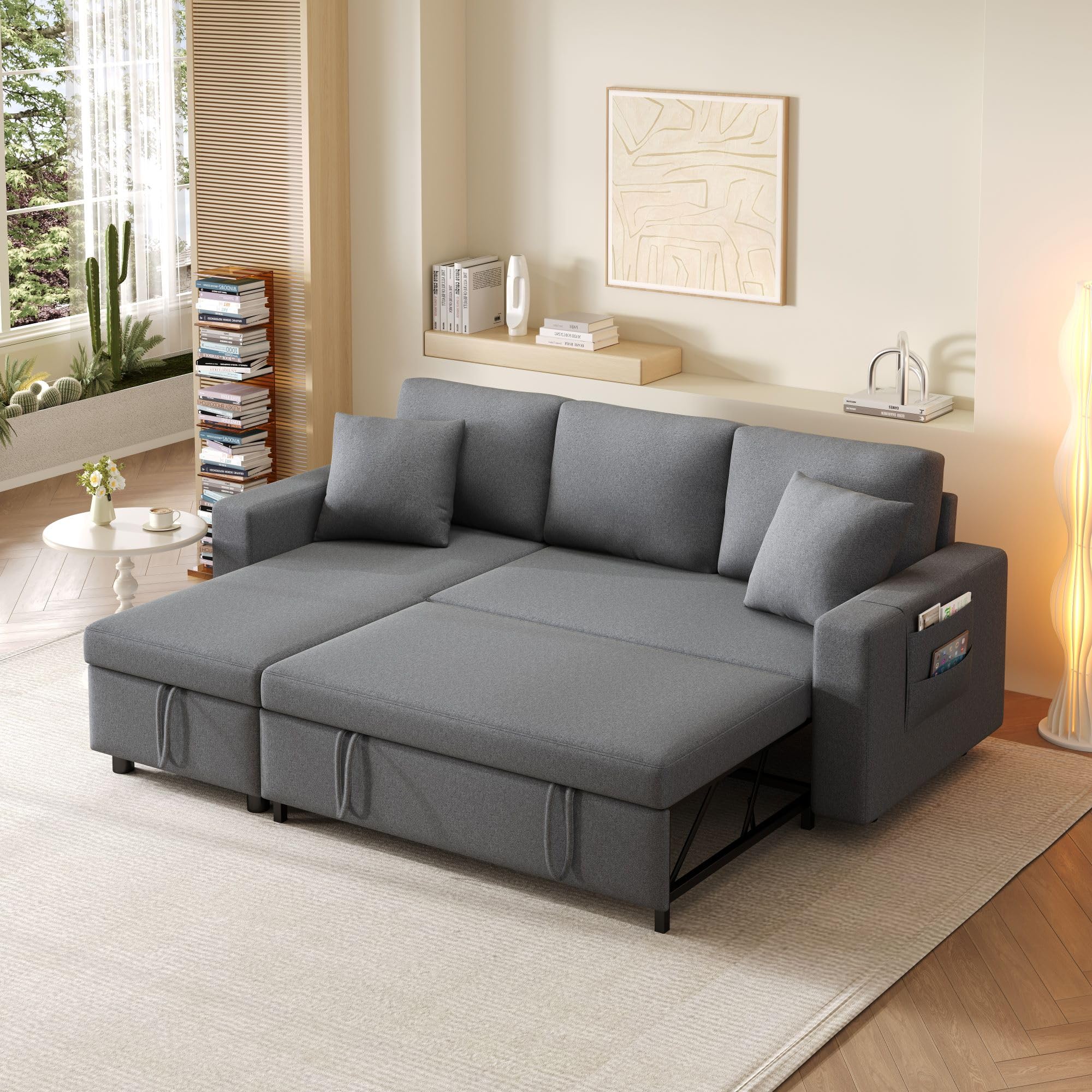 Sofá en L gris oscuro con cama y almacenamiento