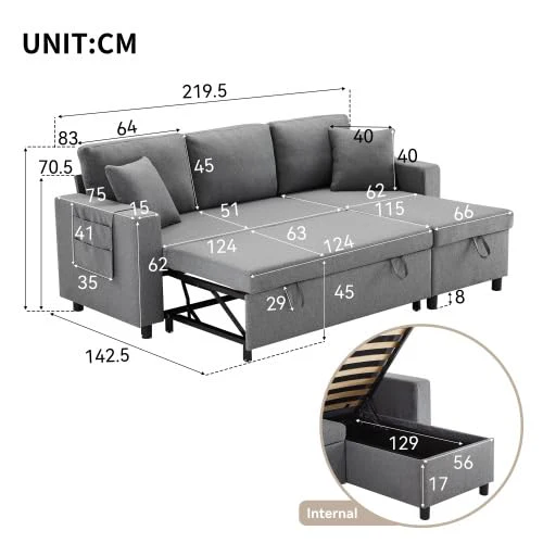 Sofá cama 3 plazas chaise longue con almacenamiento