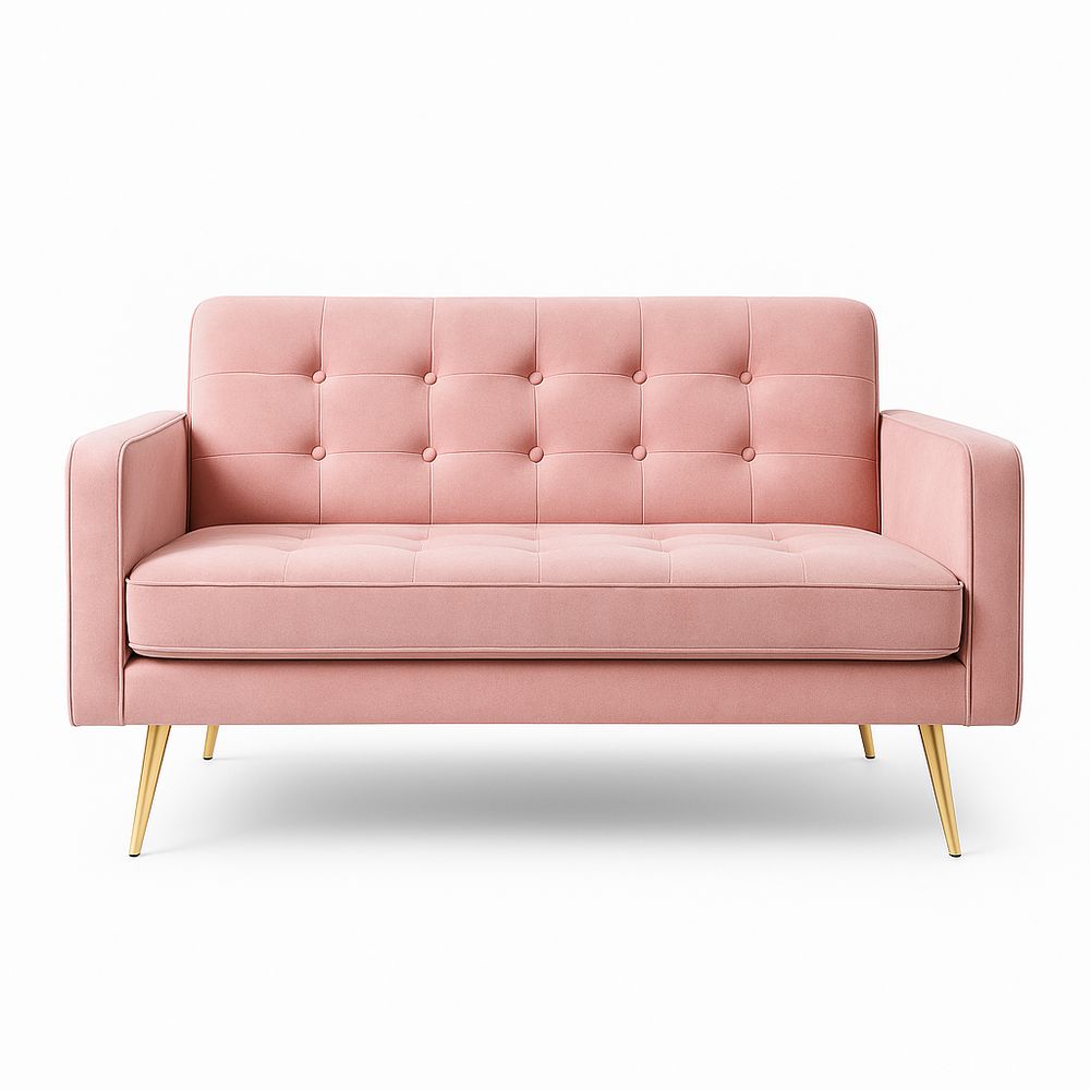 Sofá moderno de dos plazas en color rosa,estilo escandinavo,con tapizado de tela suave y patas doradas