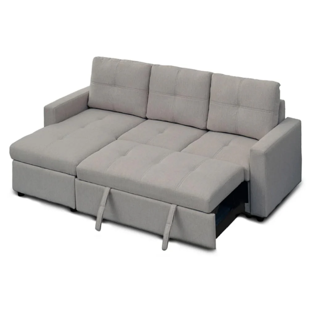 Sofá cama chaise longue reversible con arcón gris claro