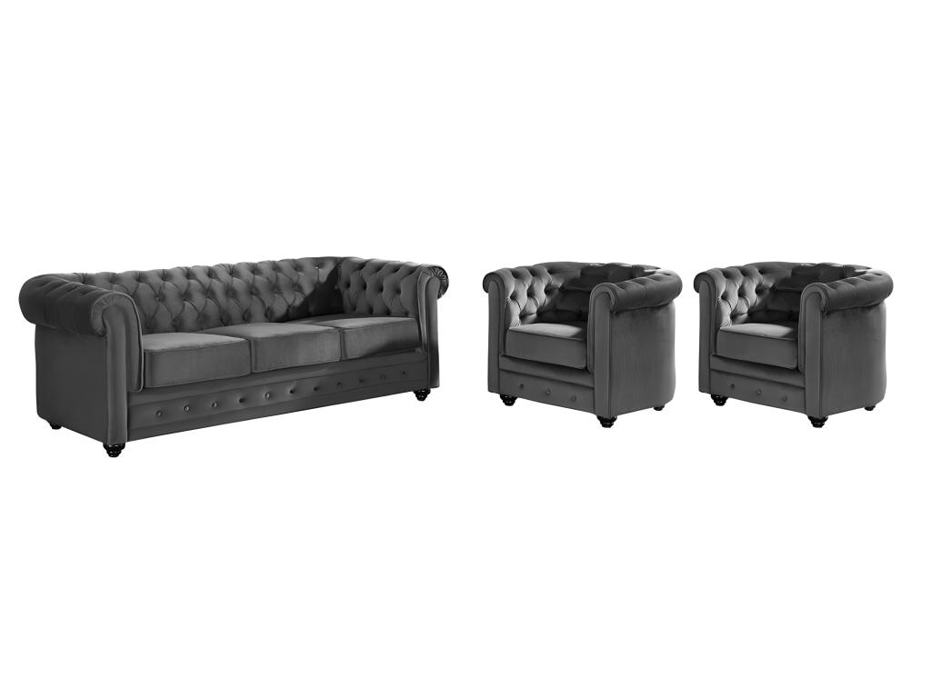 Sofá 3 plazas y 2 sillones de terciopelo CHESTERFIELD - Gris antracita