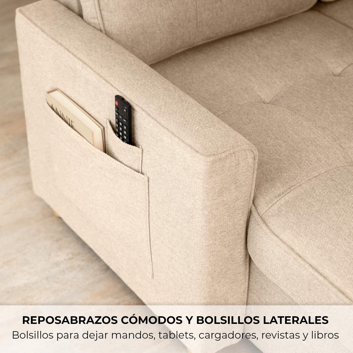 Sofá cama chaise longue reversible con arcón beige