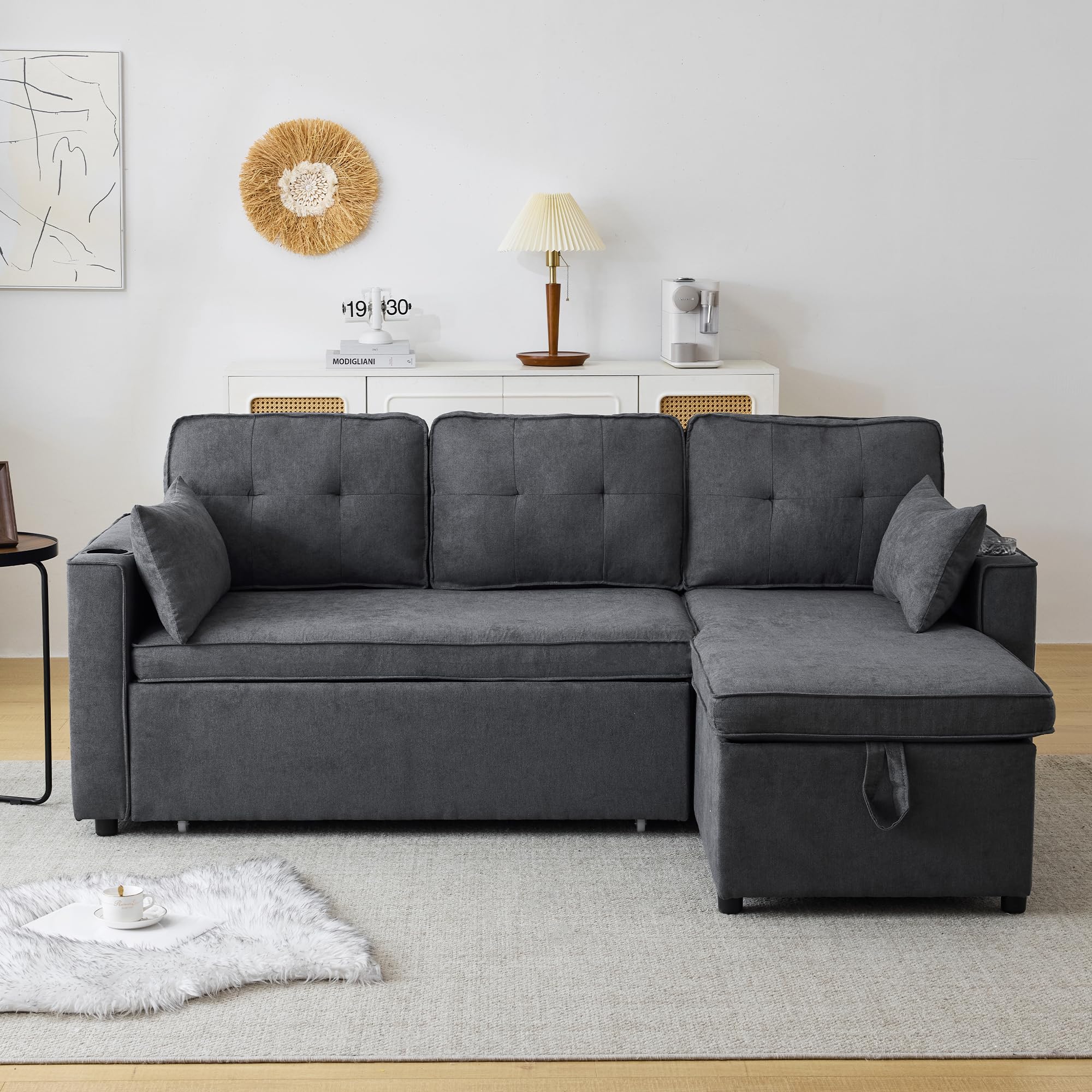 Sofá cama en L gris con almacenamiento y portavasos
