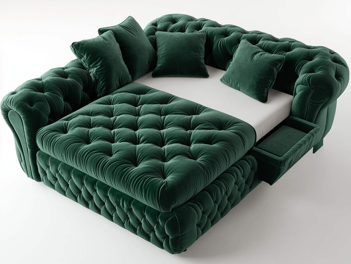 Sofá cama de terciopelo verde esmeralda con estructura robusta para sala de estar tamaño grande